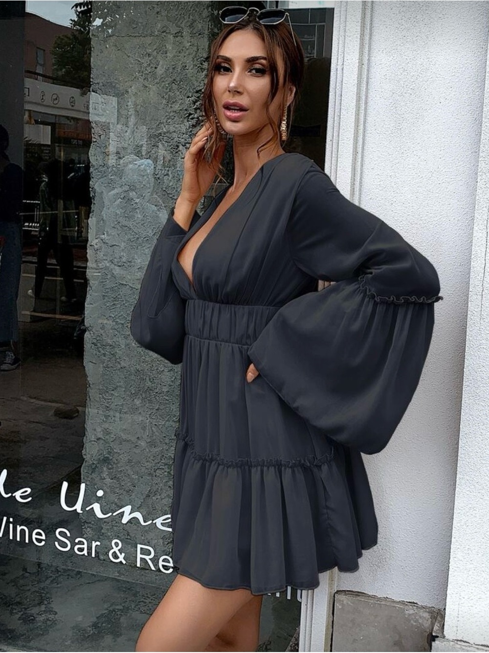 Deep V-Neck Tiered Mini Dress with Wide Bell Sleeves